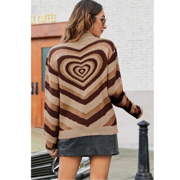 Brown Retro Mock Neck Heart Sweater - Picture 2 of 4